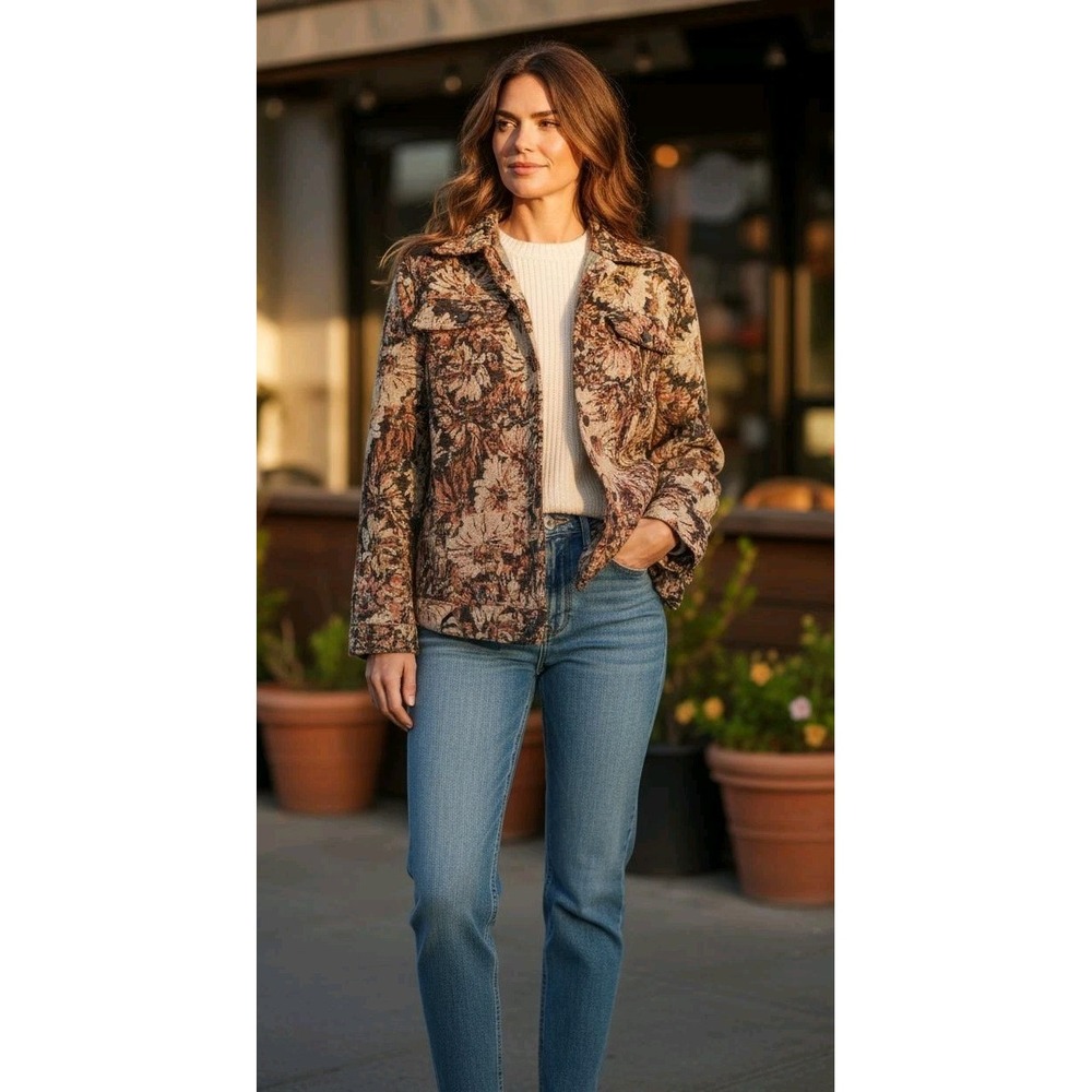 Women's Tapestry Floral Jacket Cottagecore Boho VTG Inspired SZ M Black Brown